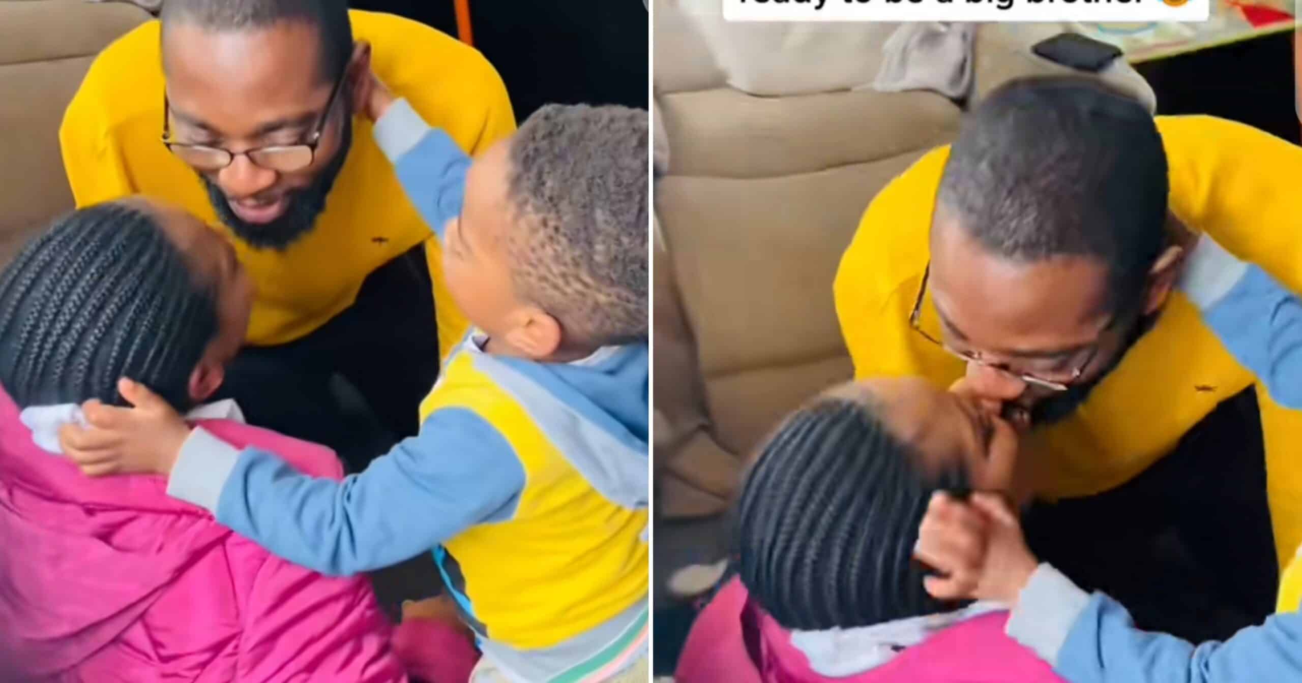 “He wants a younger one” – Reactions as 2-year-old boy makes parents kiss (Video)