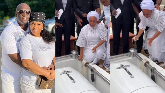 Sammie Okposo’s wife, Ozioma sobs bitterly as he's laid to rest (Video)