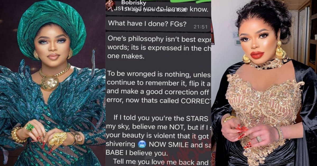"I love my man so much I could give him my kidney" – Bobrisky declares as he shares messages he received from mystery lover