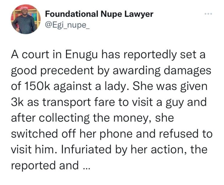 Court orders lady to pay man for failing to show up after taking N3k