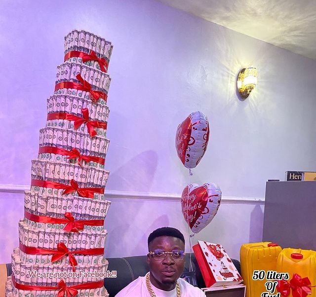 Lady gifts boyfriend $650 money cake, 50 liters fuel, and others for Valentine (Video)