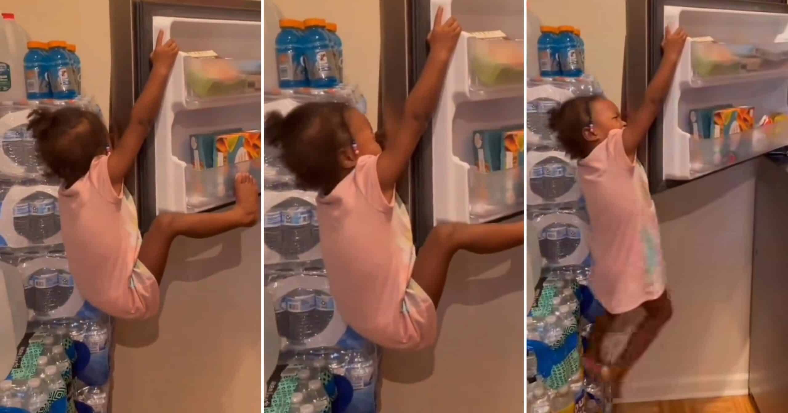 Scary moment a little girl climbed fridge to steal snacks and got stuck (Video)