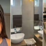 Nigerian lady shocked to see bed and wardrobe inside a restroom at Lagos restaurant (Video)