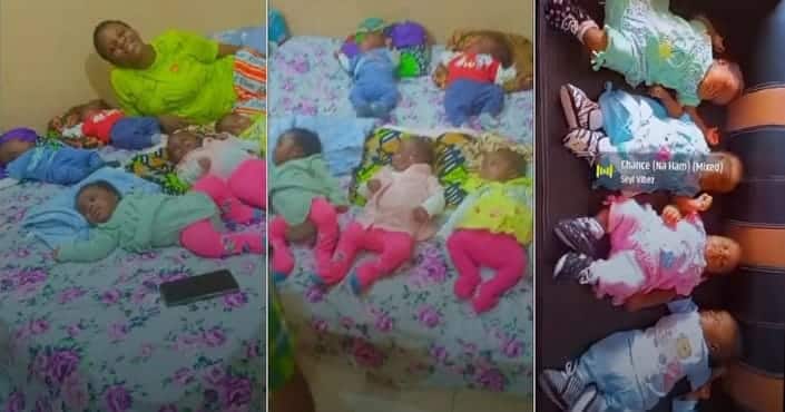 "What a blessing" - Reactions trail cute video of Nigerian lady showing off her quintuplets