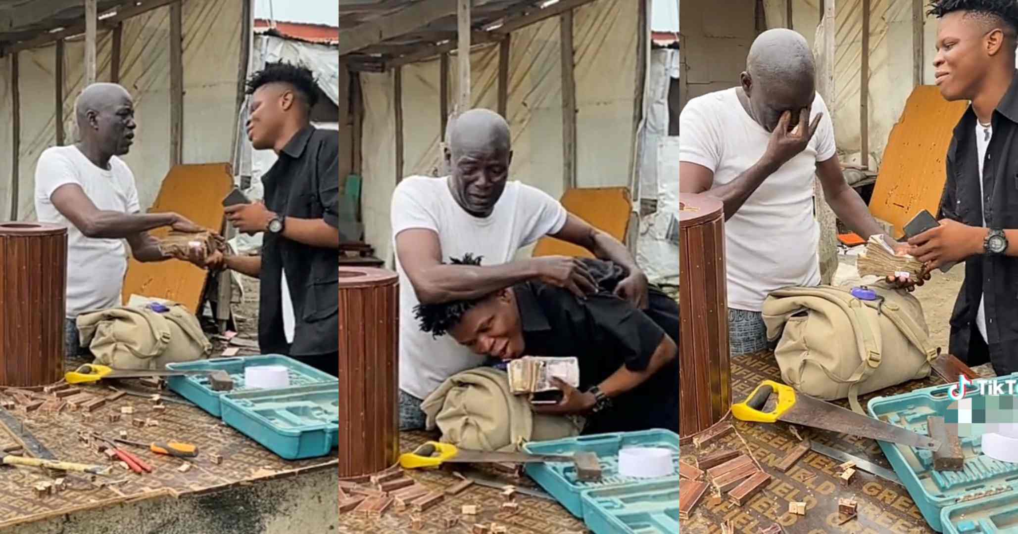 Young man makes his childhood carpenter emotional as he gifts him N200K (Video)