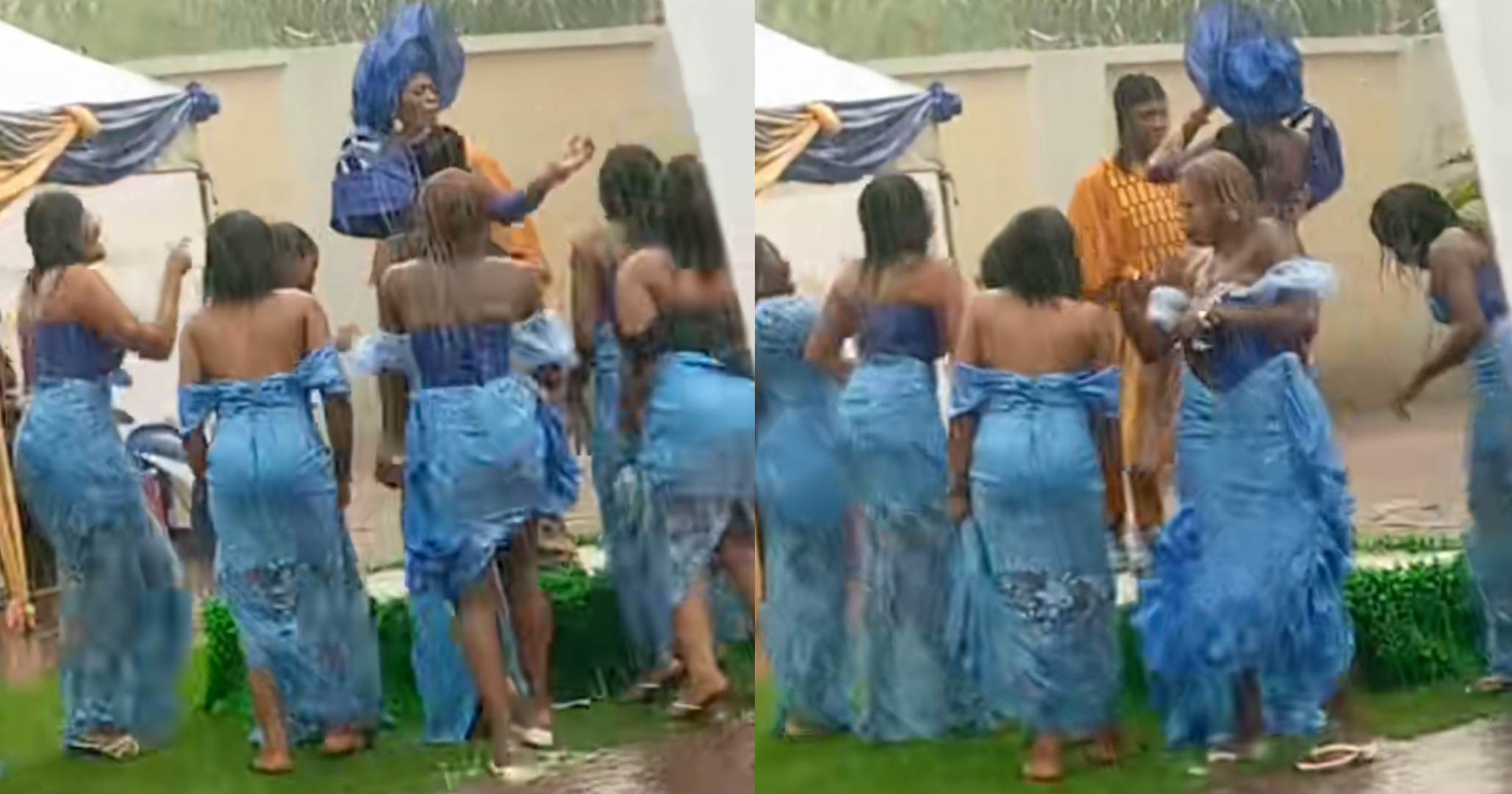 "Pure love" – Reactions as Aso-ebi girls join couple to dance in the rain during traditional wedding (Video)