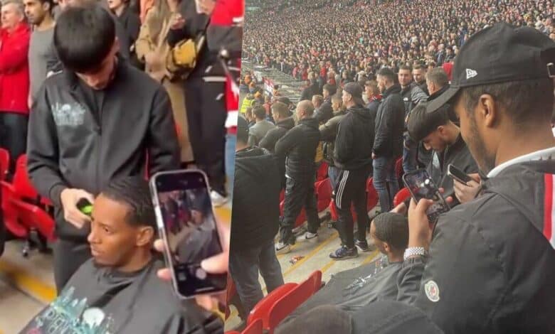 Fan spotted getting haircut inside Wembley during Manchester United vs. Brighton match