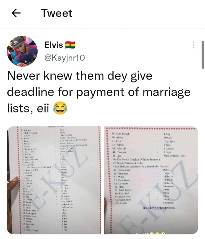 “Them dey sell the girl?” – Man shares photos of bride price list in-laws gave him with deadline