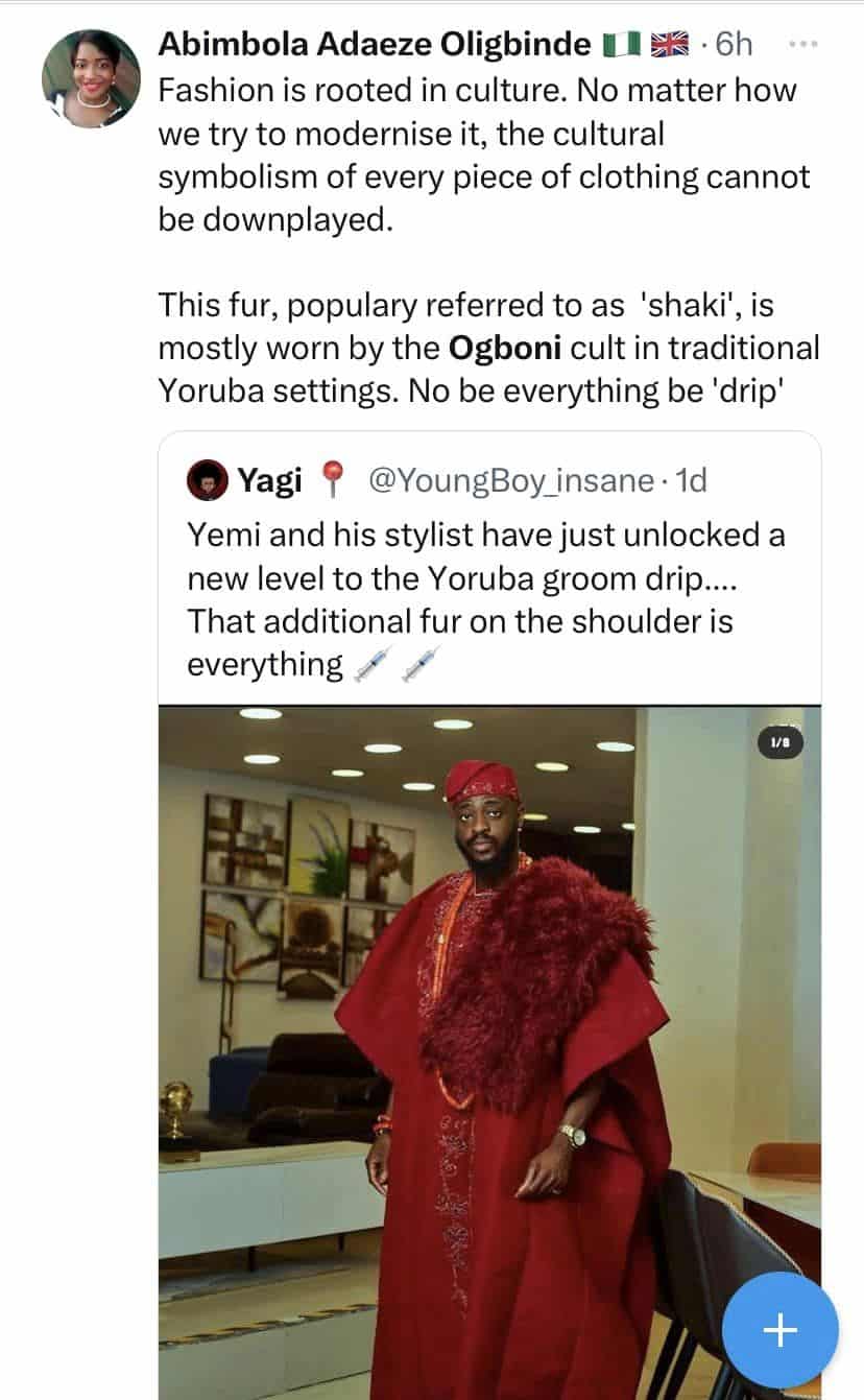Nigerians allege that the fur Yemi Cregx placed on his agbada signifies he's an Ogboni member