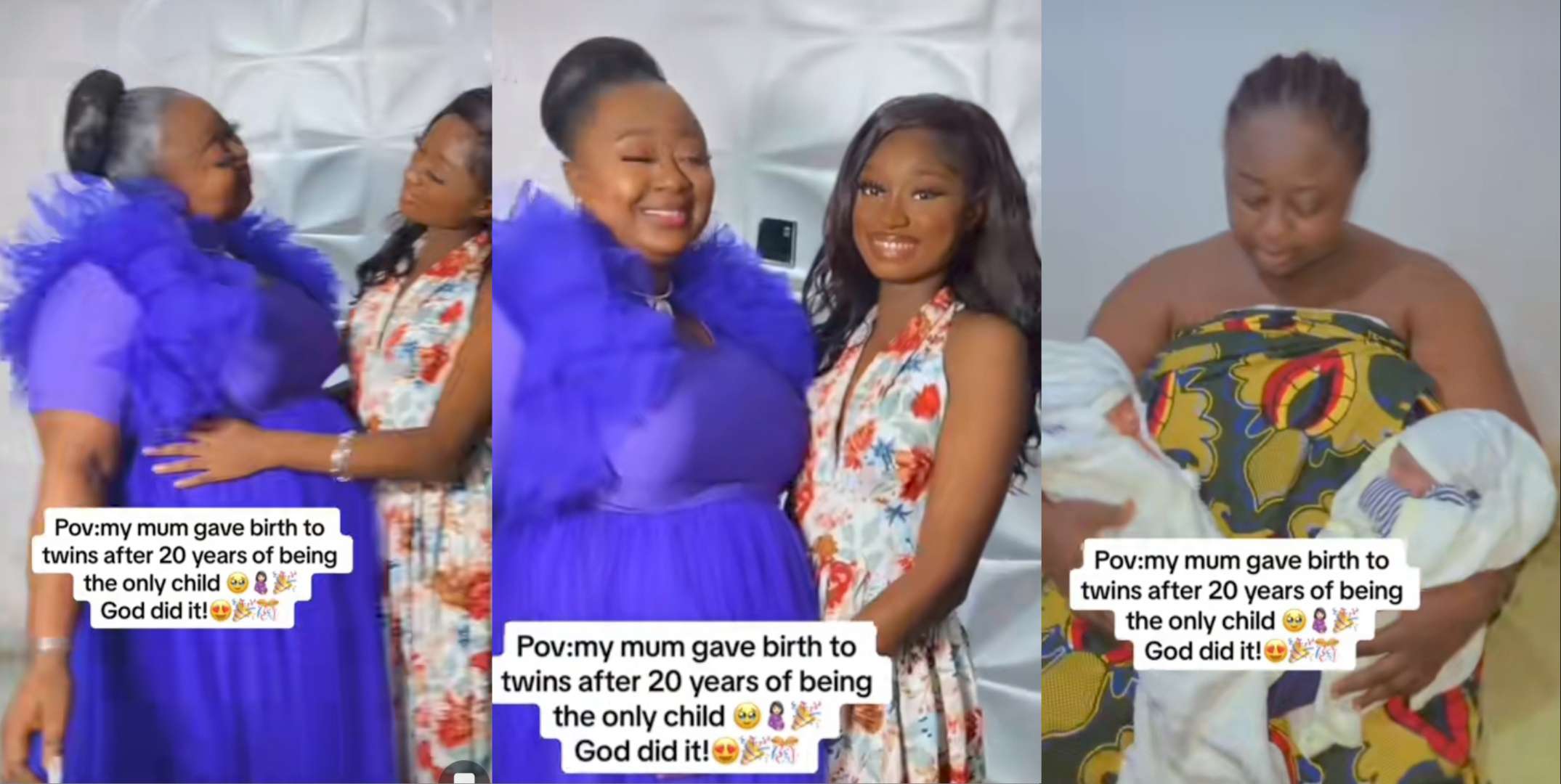 Lady glad as mom births twins after 20 years of being only child