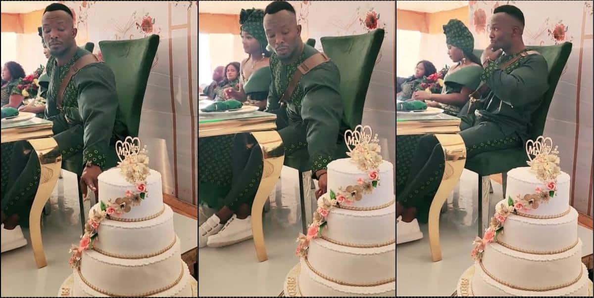 Moment groom couldn’t hold back from eating cake at his own wedding (Video)