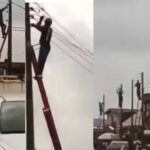 "Na NEPA-A-Thon?" – Residents panic over number of PHCN officials working on electricity pole at once (Video)