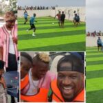 Osimhen plays football with Peter Okoye, Paul Ebere at Banana Island Pitch