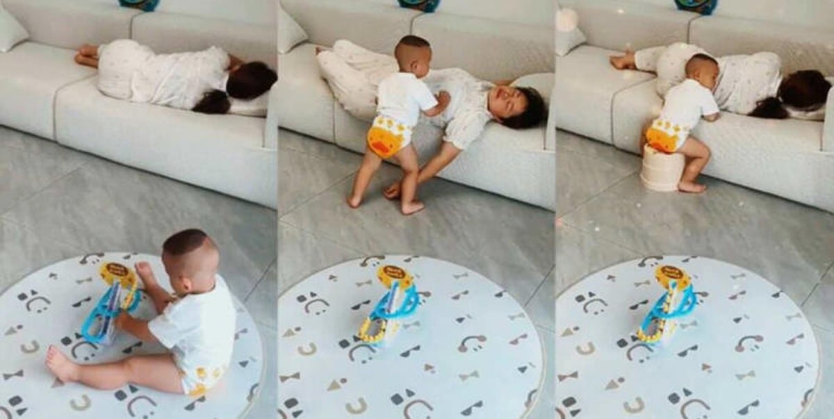 Adorable moment toddler protected his sleeping mother from falling