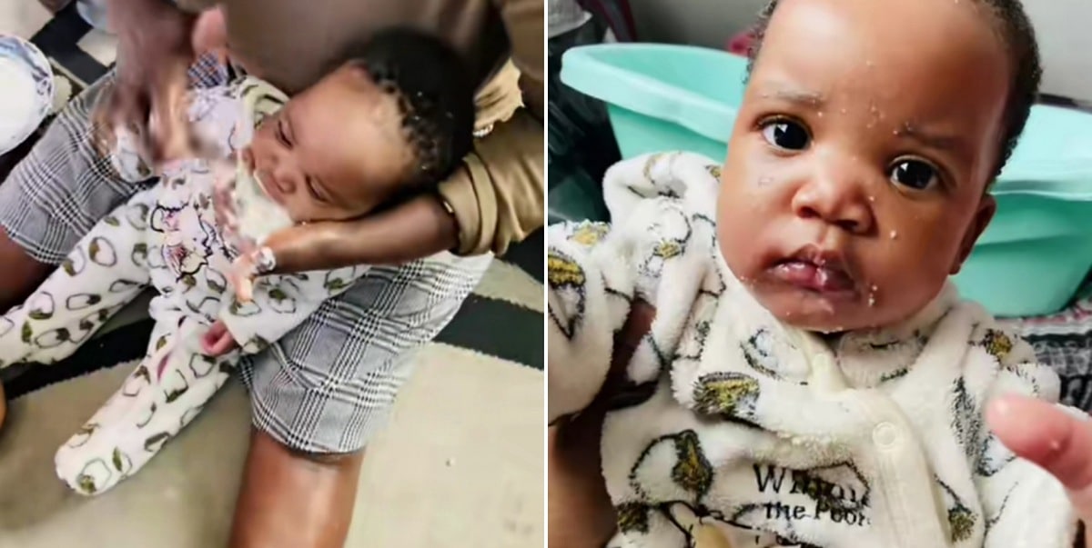 Nigerian lady stirs reactions with unique way of feeding her baby (video)