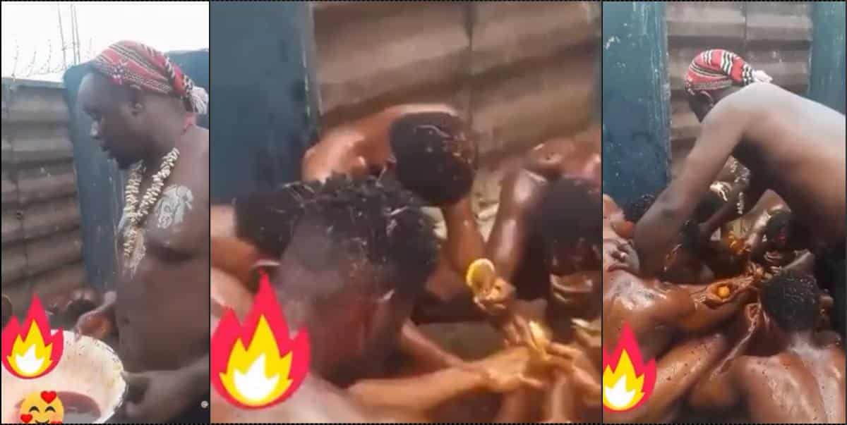 Suspected yahoo boys seen bathing with blood-like liquid during ritual (Video)
