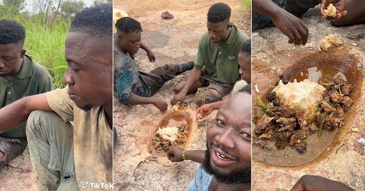 Young men dig hole on bare ground to eat fufu and soup (Video)