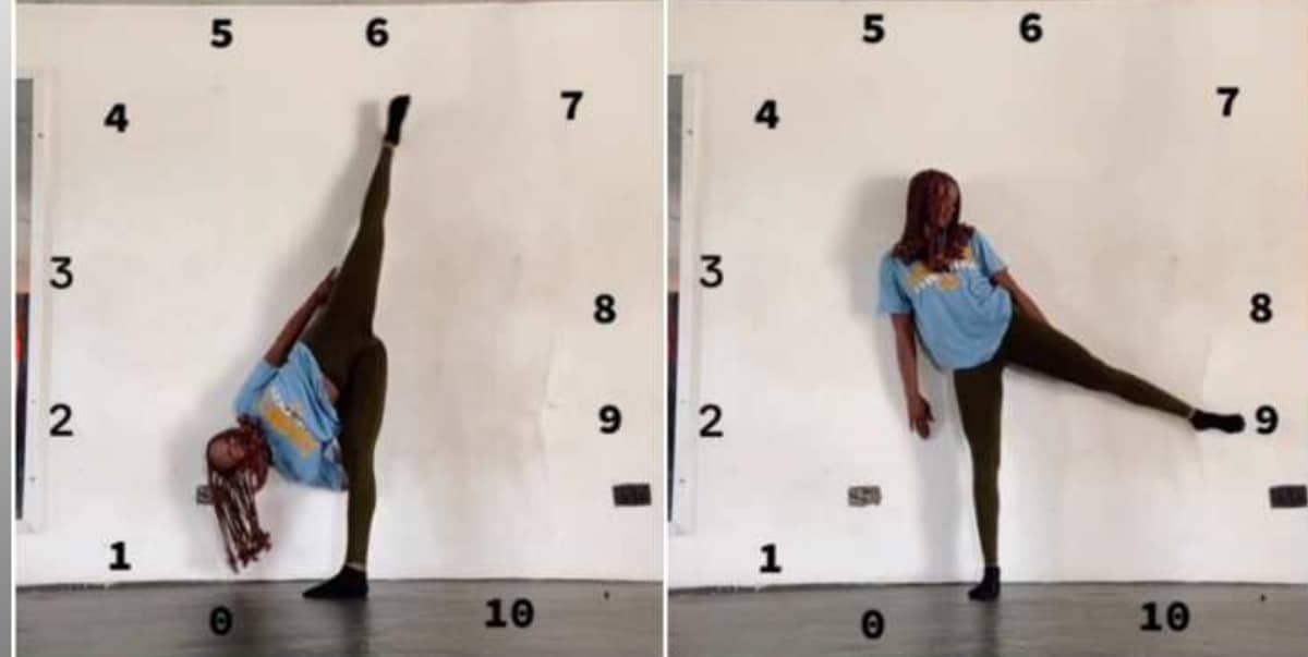 Young lady uses legs to mimic clock hands, goes through all the numbers (Video)