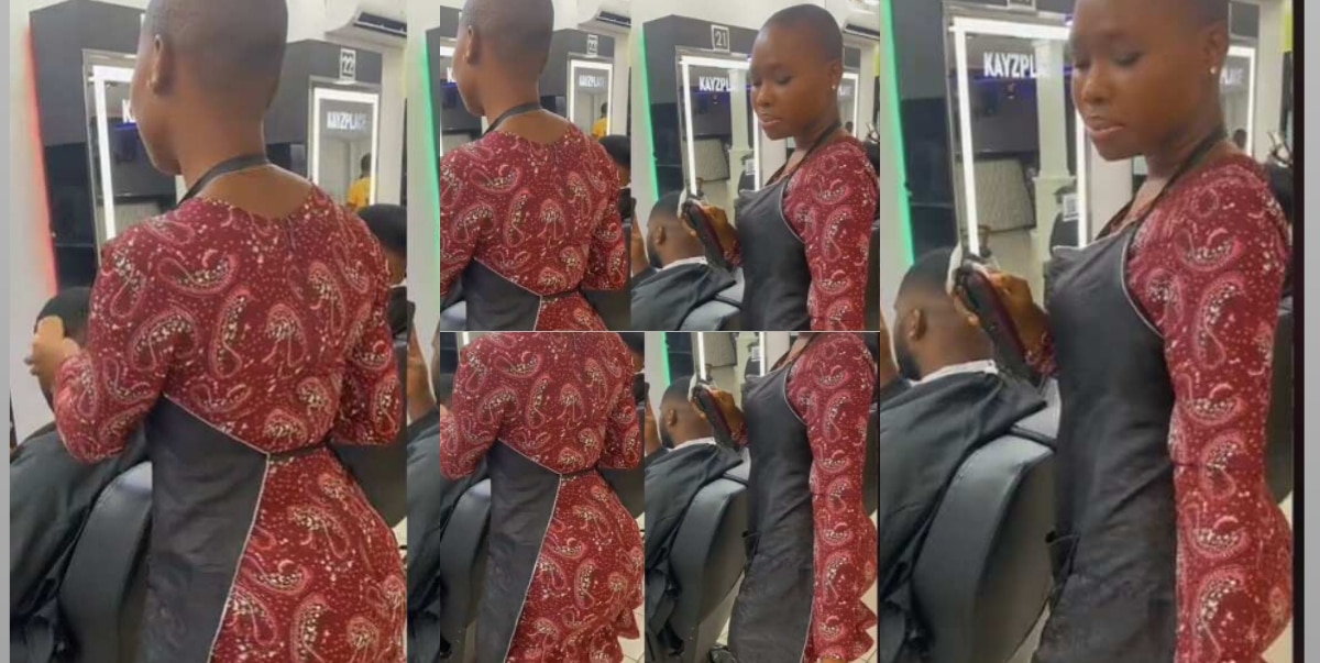 Curvy lady barber dances, whines waist gently as she puts finishing touches on customer's hair