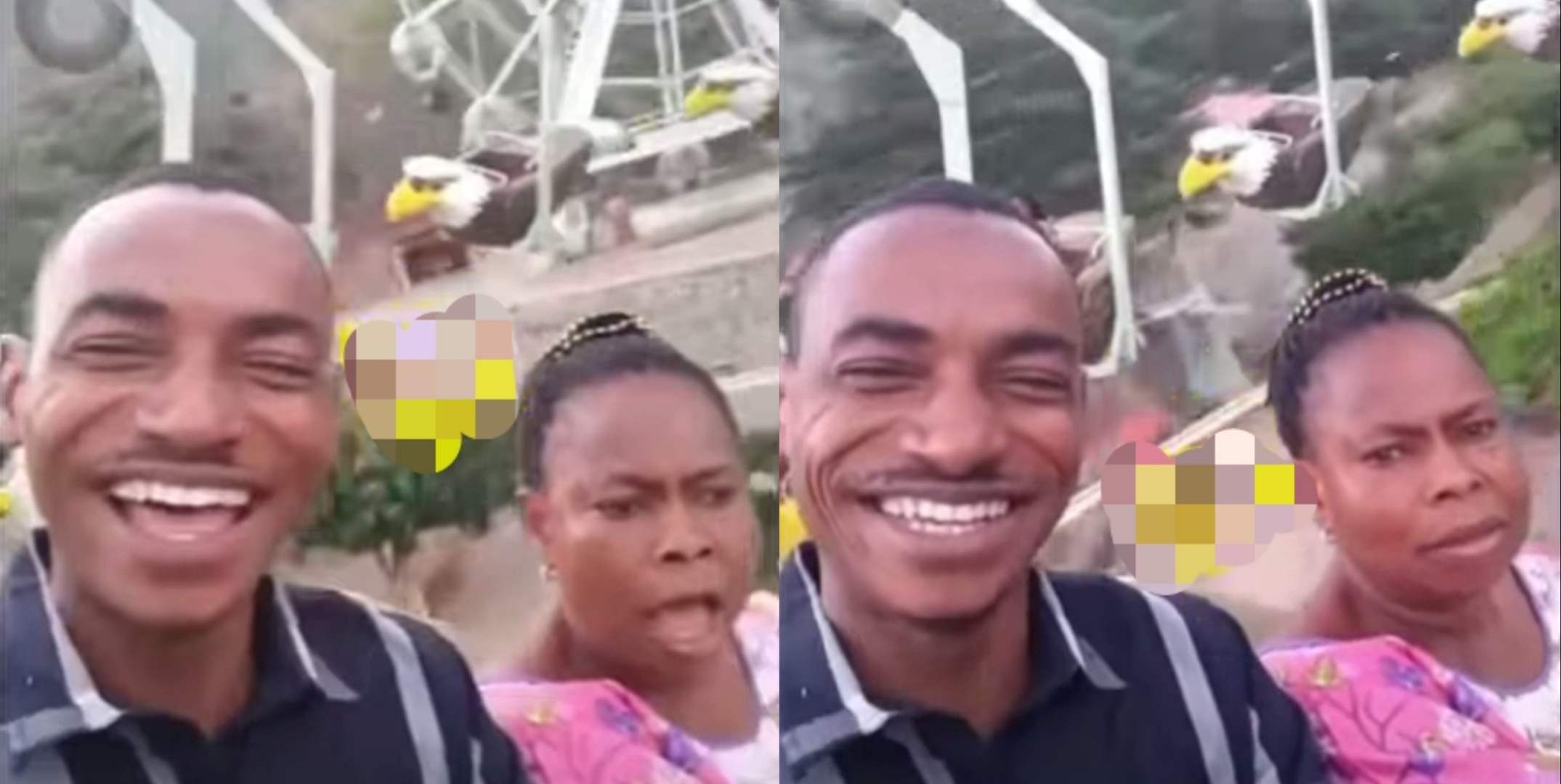 "Stop it!" – Nigerian mom begs as son takes her on flying tower ride (Video)