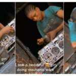 Beautiful Nigerian girl caught on camera fixing engines at mechanic workshop (Video)