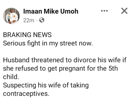 "I need 5th child" - Nigerian man threatens to divorce wife if she refuses to get pregnant again after having 4 children