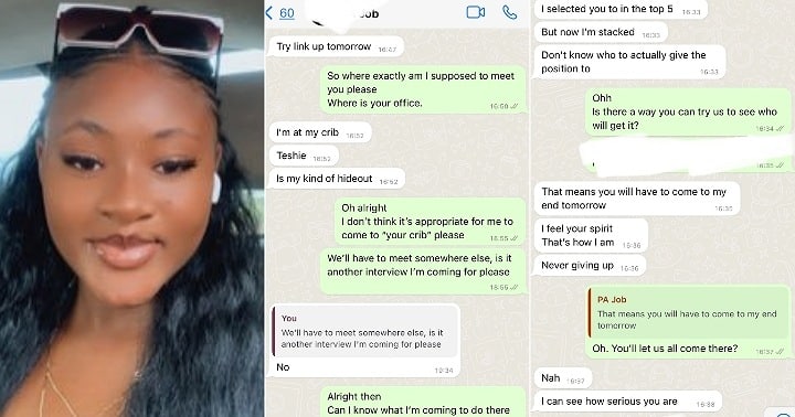 Lady leaks chat with hiring manager who asked her to come over