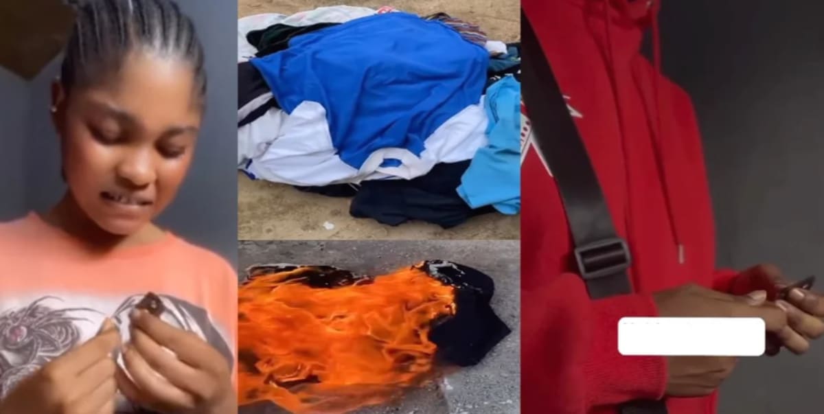 Lady sets boyfriend's clothes on fire after alleged cheating despite taking blood oath (Video)