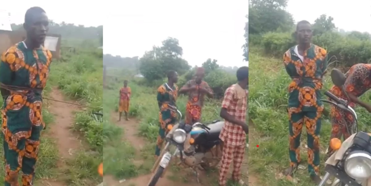 Man tied with rope after being caught trying to force himself on friend's wife in bush (Video)
