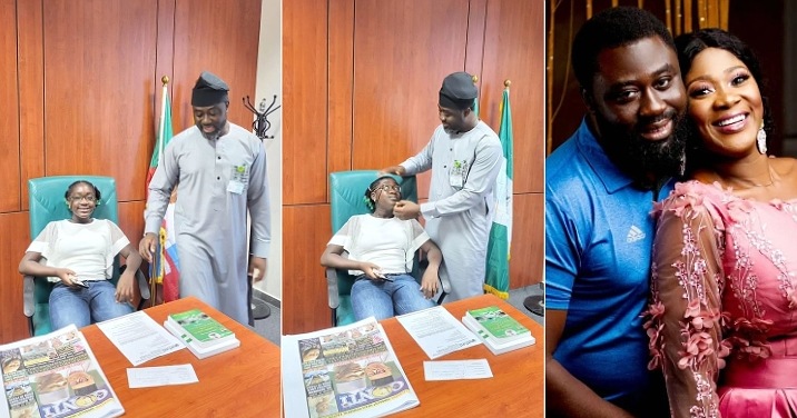 Mercy Johnson Okojie's first daughter, Purity storms dad's office