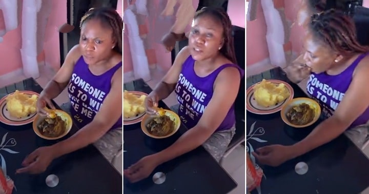 Nigerian man tackles wife for eating big plate of eba (Video)