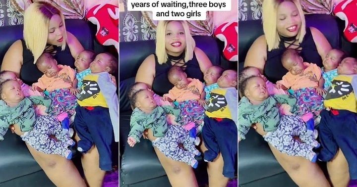 Nigerian woman carries her 5 babies after years of waiting