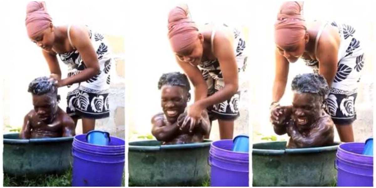 "True love" - Reactions as lady puts small man inside plastic bowl, baths him like a baby