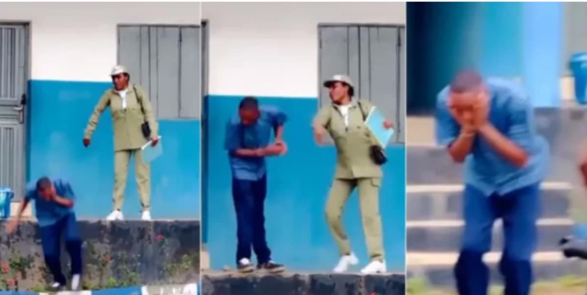 "What effrontery" - Moment female corps member gives male student neck-twisting slap as he toasts her in school (Video)