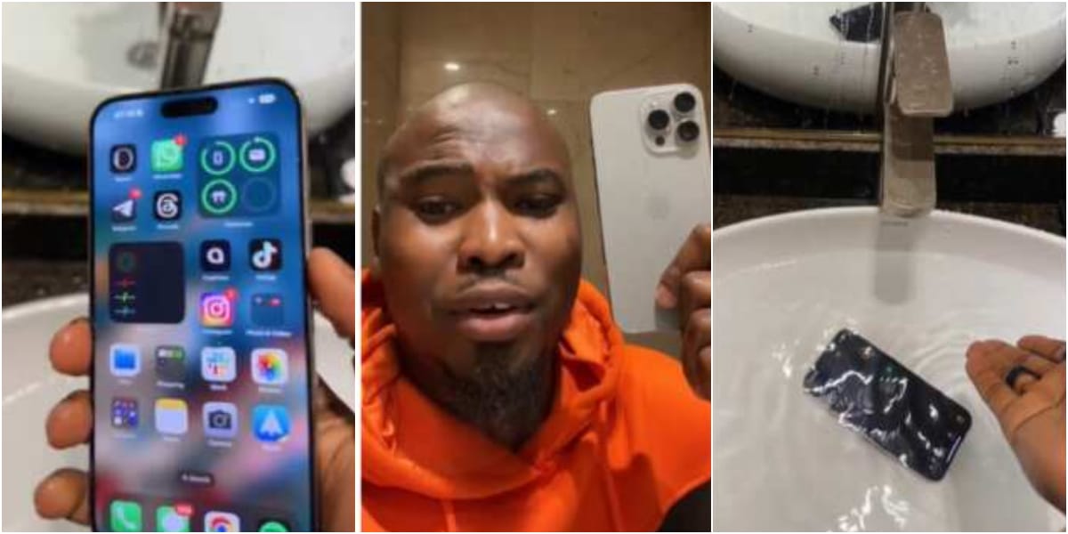 "E remain fire" - Fans reacts after man puts iPhone 15 pro max in hot water to test its strength
