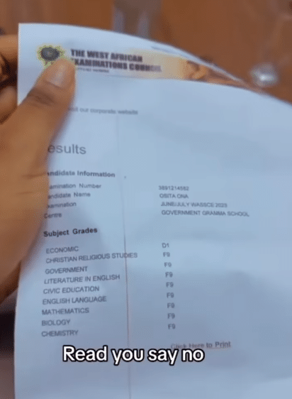 Nigerian boy shares his unusual WAEC result printout