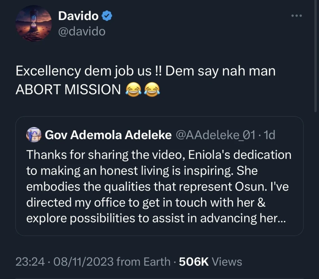“Excellency dem say nah man abort mission” — Davido tells his governor uncle to halt plans to help Eniola following scam discovery 