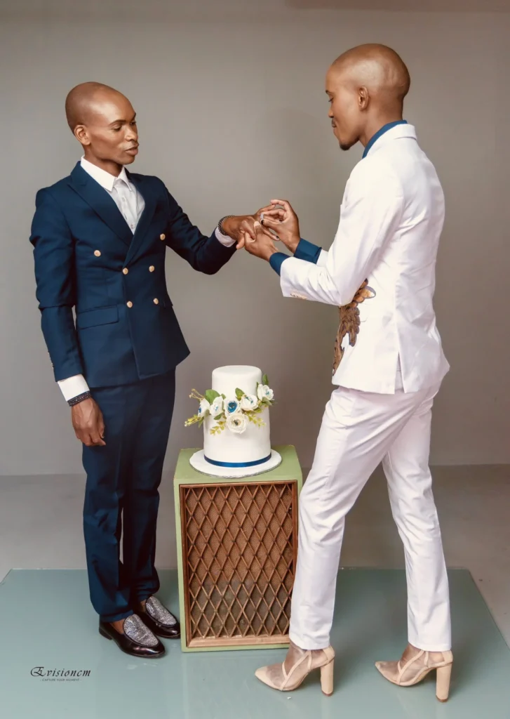 “God please throw the trumpet already” — Netizens react as gay couple share wedding photos