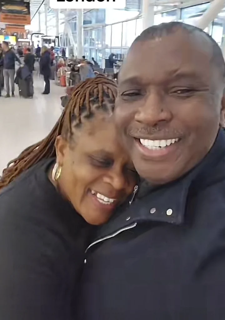 “The matrimonial bed go break this night” — Reactions as elderly man welcomes his wife at London airport after her stay in Nigeria for 4 weeks