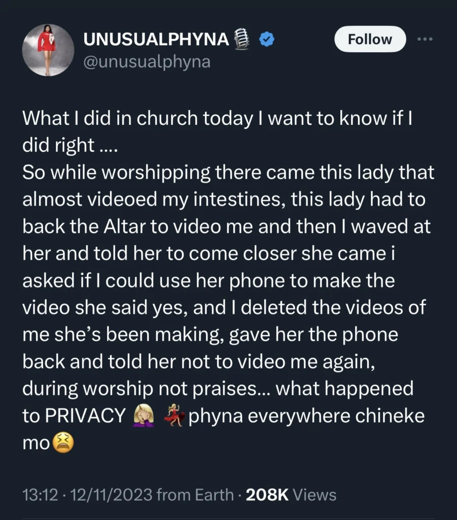 “What happened to privacy” — Phyna asks as she deletes videos from photographer who kept making videos of her in Church