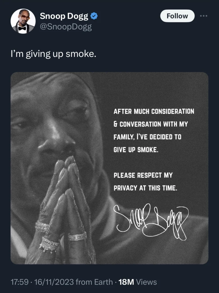 Snoop Dogg puts the Internet on standstill as he announces his decision to stop smoking weed