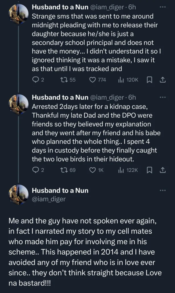 Man shares how he got arrested after his “friend”used his phone to call his girlfriend’s family after the couple faked her kidnap 
