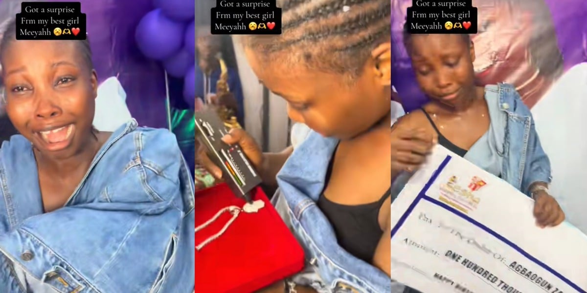 "Got a surprise" - Tears as best friend surprises lady with ₦100k cheque, money bouquet, silver necklace, others on birthday