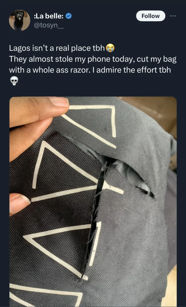 “Lagos isn’t a real place” — Lady reveals as she shares photos of how robbers tore her bag to steal her phone 