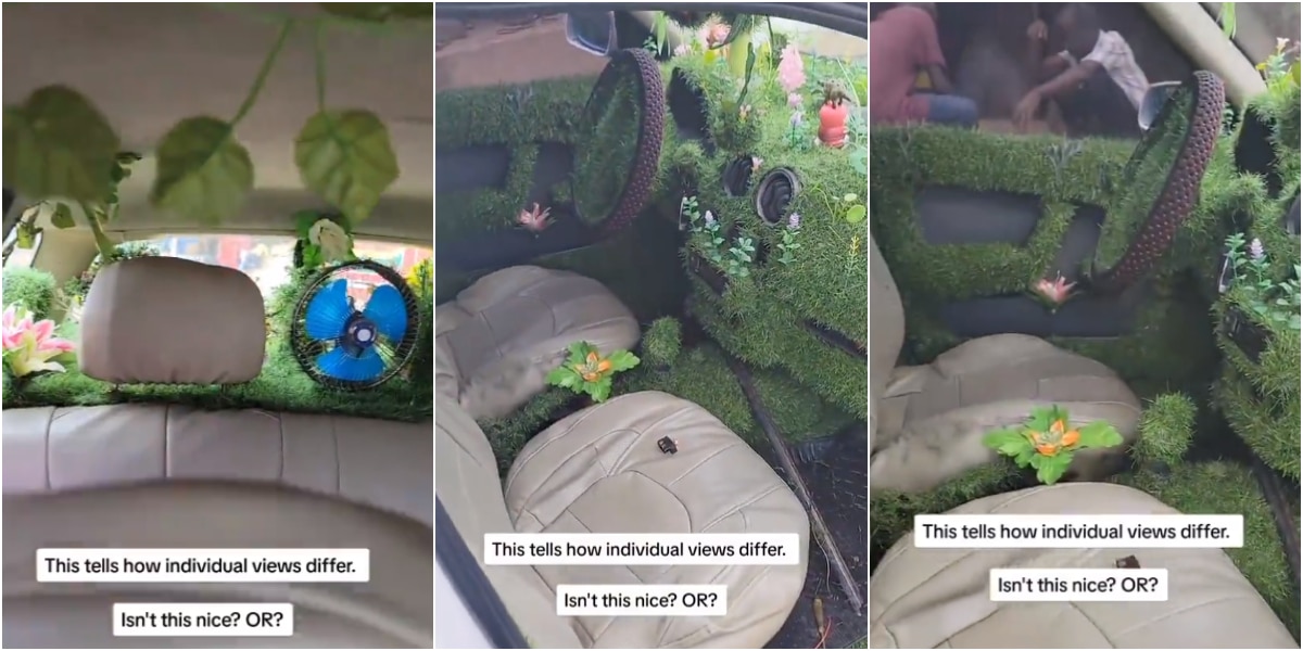 "Agric teacher don finally buy car" - Man causes buzz as he uses grass to redesign his new car