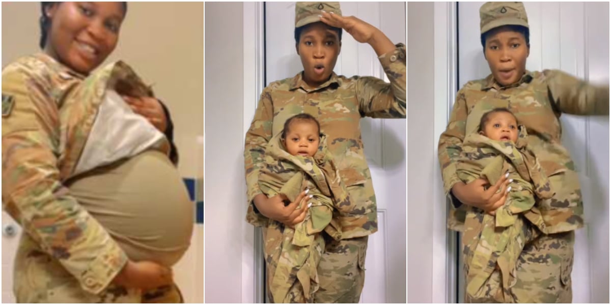 Female soldier causes buzz as she gives birth, wraps her baby in military camouflage