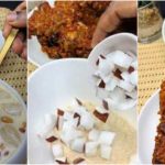 "Garri pepper soup" - Lady prepares garri with milk, and coconut, enjoys with full chicken