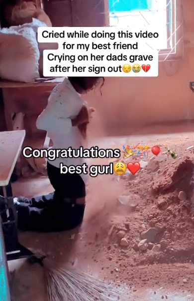 Graduate visits her late dad's grave on her sign-out day, weeps, and rubs grave sand on her body