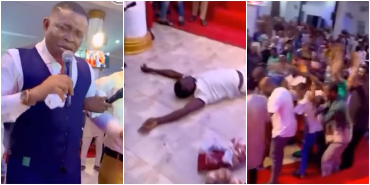 Moment pastor calls down 'Holy Ghost Fire' on man who stormed their church service with fetish item