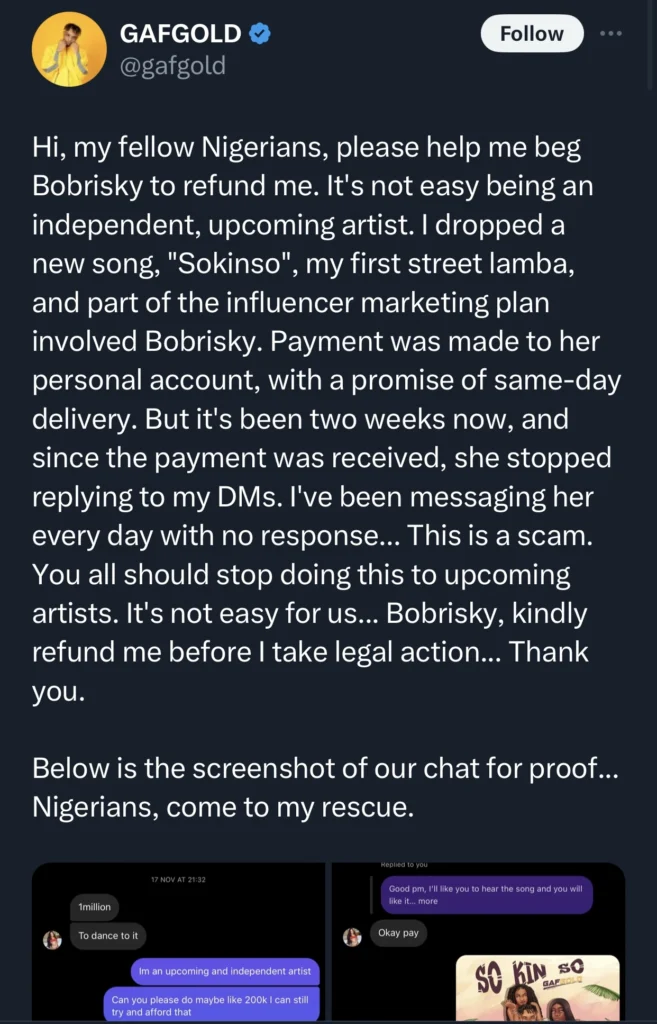 Upcoming artist drags Bobrisky for refusing to post his music on his page after collecting 200k from him for advert 
